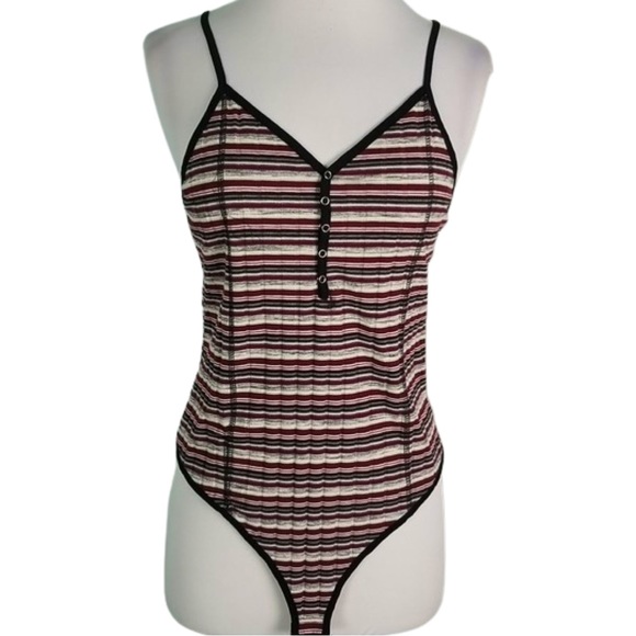 POL Tops - POL size large black, grey, red, cream, & white striped bodysuit, snap bottom